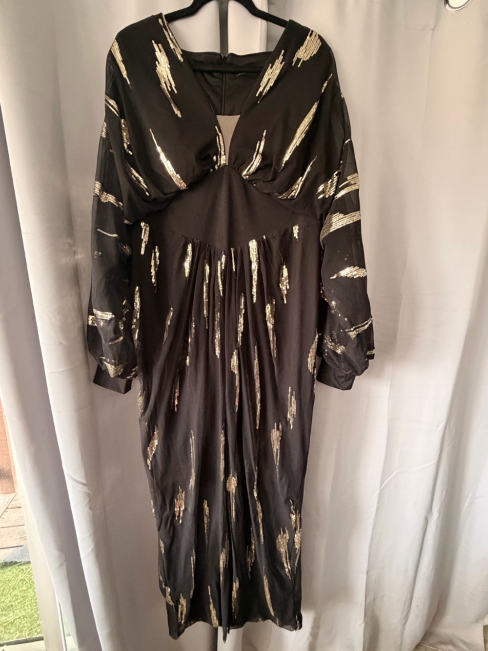 Black Dress with Gold Accent Sequence  V-Neck + Slit Dress